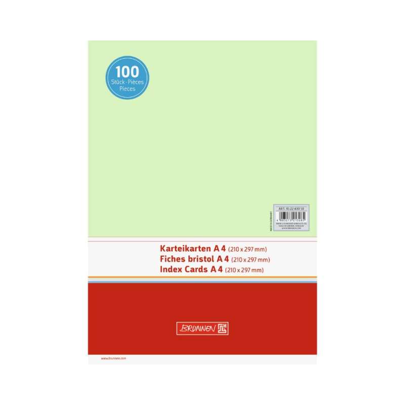 BRUNNEN Karteikarten verschiedene Größen und Farben - 100 Stück - A4, unliniert, grün - Front