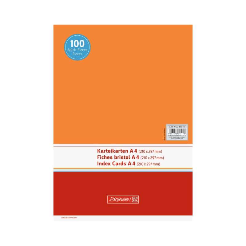 BRUNNEN Karteikarten verschiedene Größen und Farben - 100 Stück - A4, unliniert, orange Front