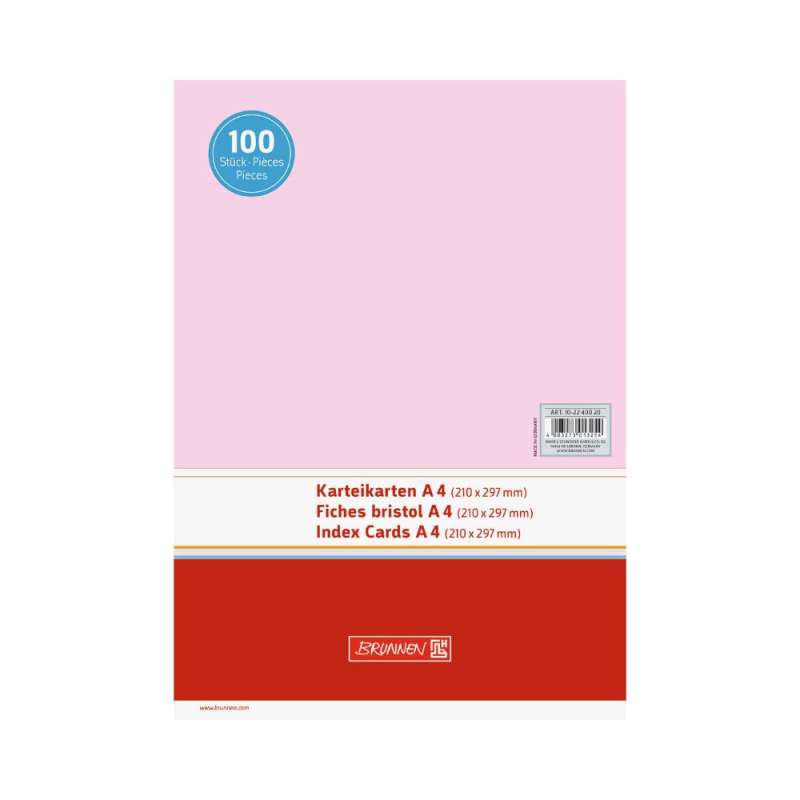 BRUNNEN Karteikarten verschiedene Größen und Farben - 100 Stück - A4, unliniert, rot Front