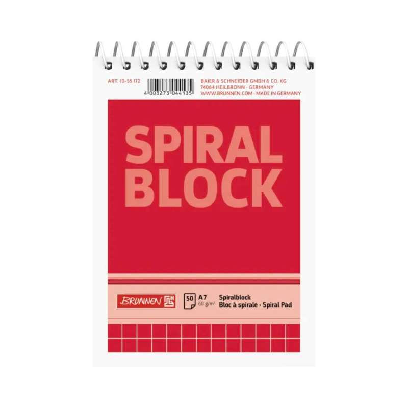 Brunnen Spiral- und Stenoblock in DIN A5, A6 und A7 - kariert und liniert - A7 kariert | 50 Blatt, rot