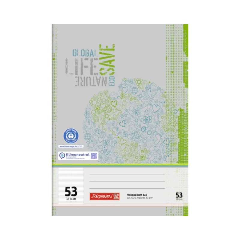 BRUNNEN Vokabelheft Recycling in DIN A4 und A5 - verschiedene Lineaturen - A4 Lineatur 53 | 32 Blatt, grün/grau