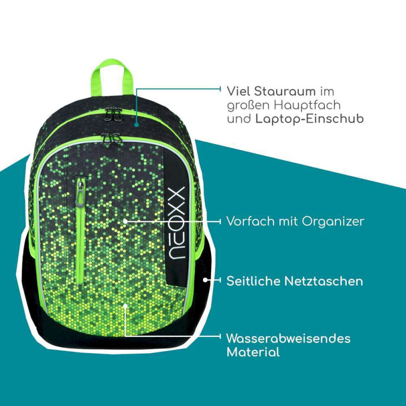 NEOXX Schulrucksack Flow Pixel in my mind Erklärung highlights
