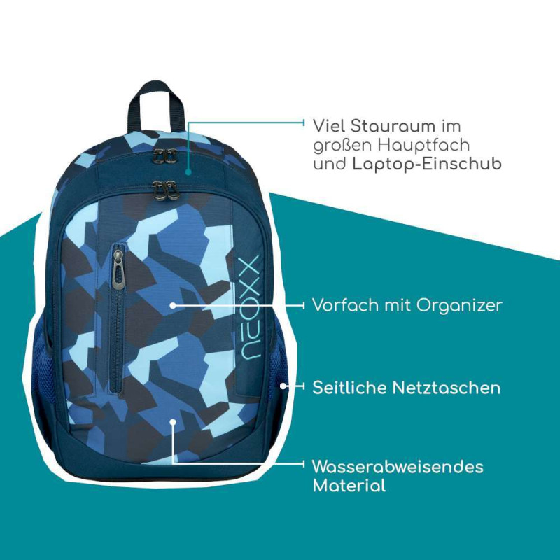 NEOXX Schulrucksack Flow Camo nation Erklärung Highlights