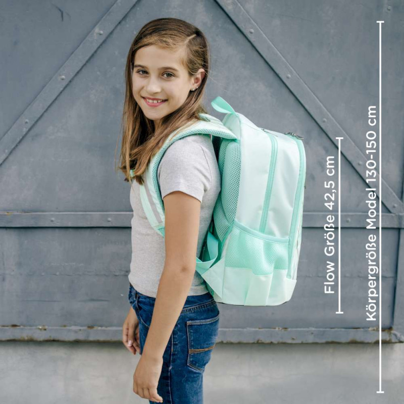 NEOXX Schulrucksack Flow Mint to be Vorderseite mit Kind seitlich