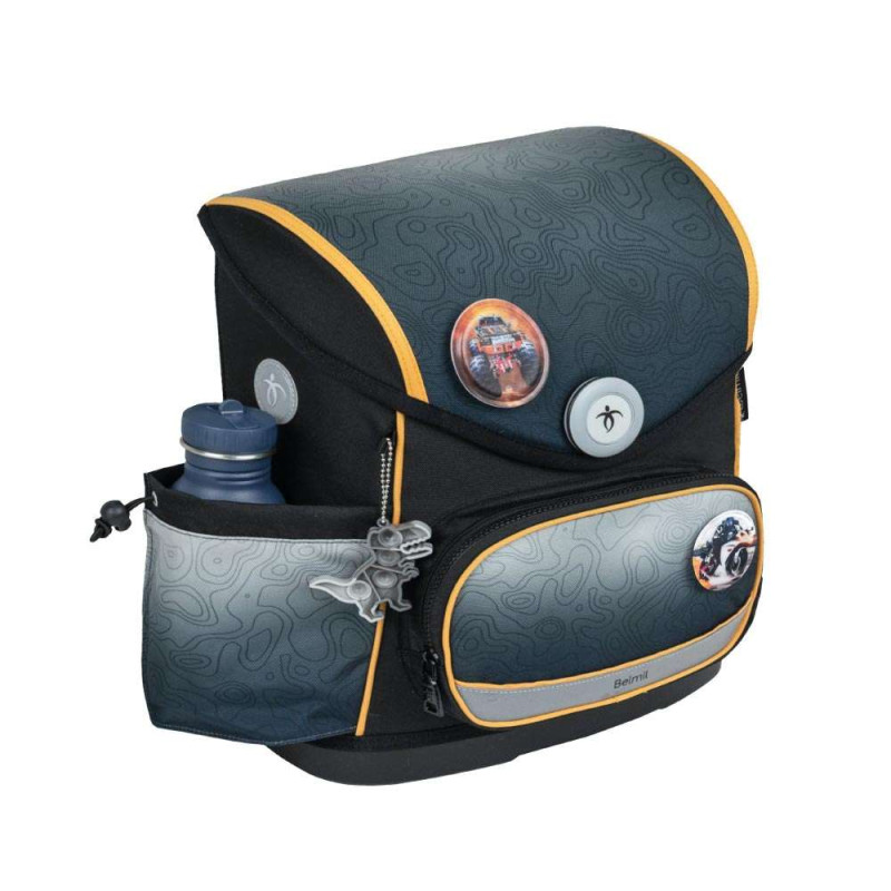 BELMIL Schulranzen COMPACT PLUS Set 5 tlg -Black Grey mit Trinkflasche