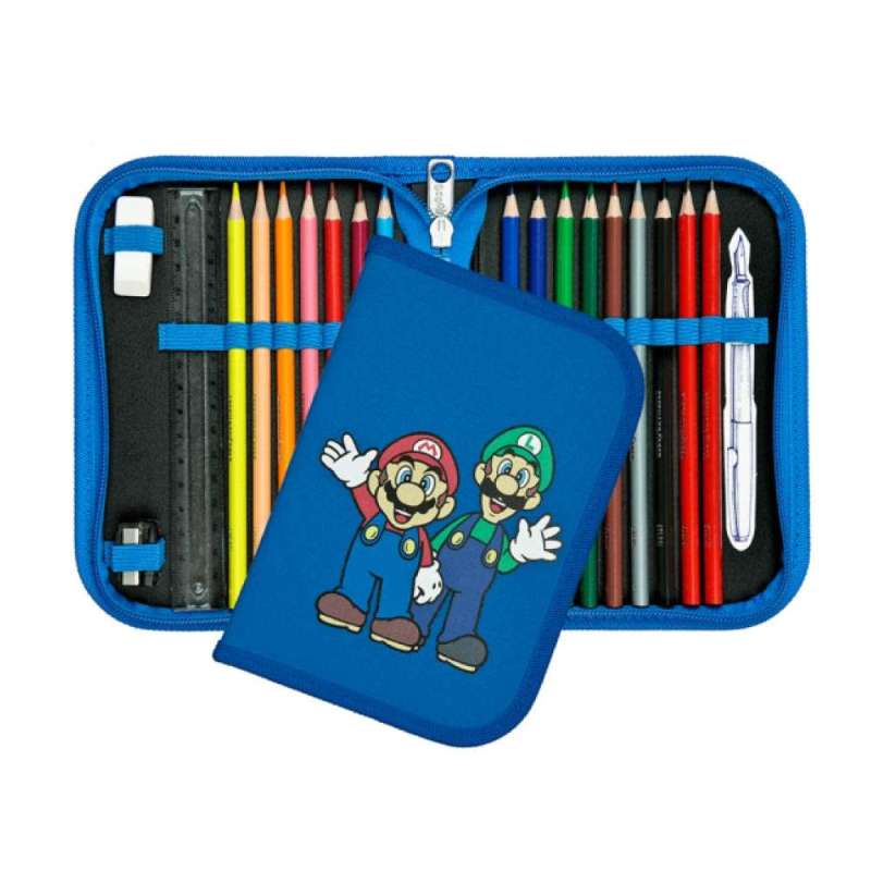 SCOOLI Schulranzen Set EasyFit 5 tlg - Super Mario Schüleretui offen und geschlossen