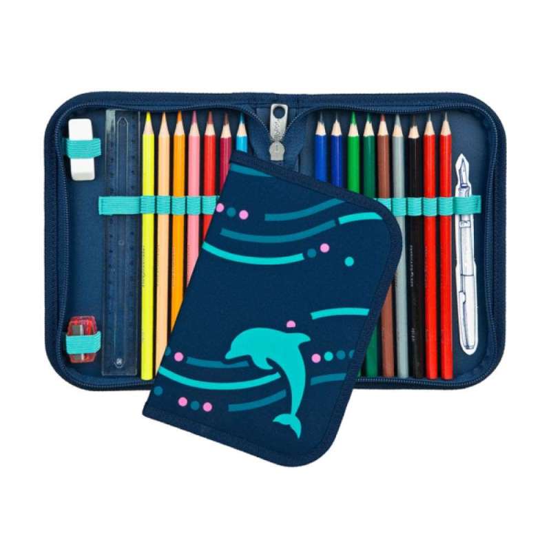 SCOOLI Schulranzen Set EasyFit 5 tlg - Dotty Dolphin Schüleretui offen & geschlossen