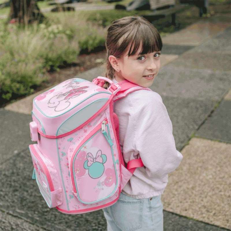 SCOOLI Schulranzen Set EasyFit 5 tlg - Minnie Mouse Kind mit Schulranzen Rückansicht
