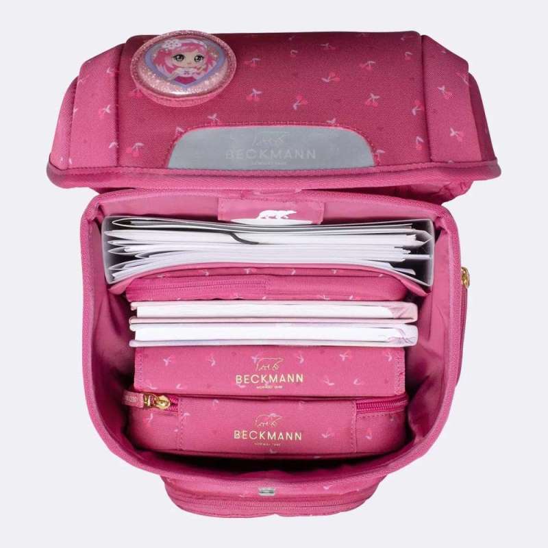 BECKMANN Schulranzen Set AIR PLUS 6 tlg - Cherry oberes Fach offen gefüllt