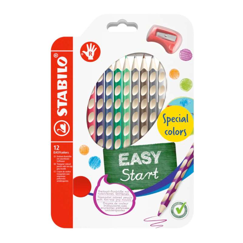 STABILO ergonomische Buntstifte EASYcolors Spezialfarben Rechtshänder 12er Set mit Spitzer