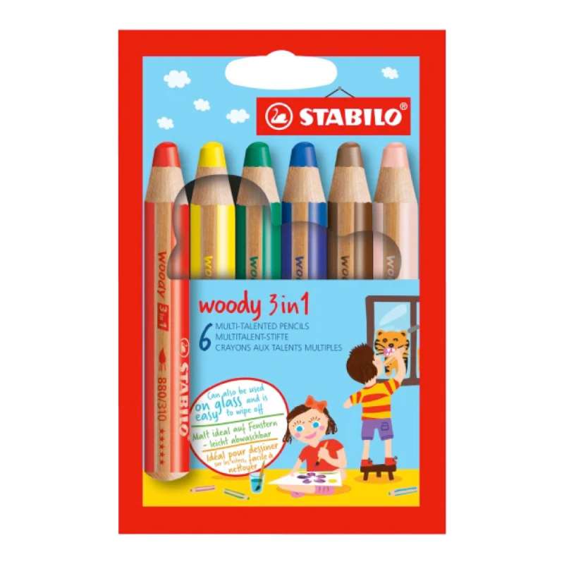 STABILO Buntstift, Wasserfarbe & Wachsmalkreide woody 3 in 1 6er Set