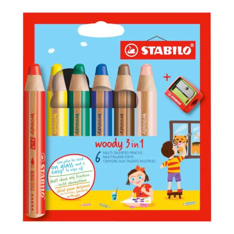 STABILO Buntstift, Wasserfarbe & Wachsmalkreide woody 3 in 1 6er Set + Spitzer