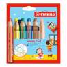 STABILO Buntstift, Wasserfarbe & Wachsmalkreide woody 3 in 1 6er Set + Spitzer
