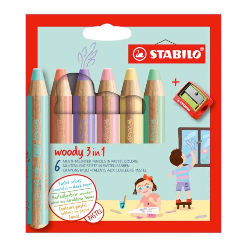 STABILO Buntstift, Wasserfarbe & Wachsmalkreide woody 3 in 1 6er Set Pastellfarben + Spitzer