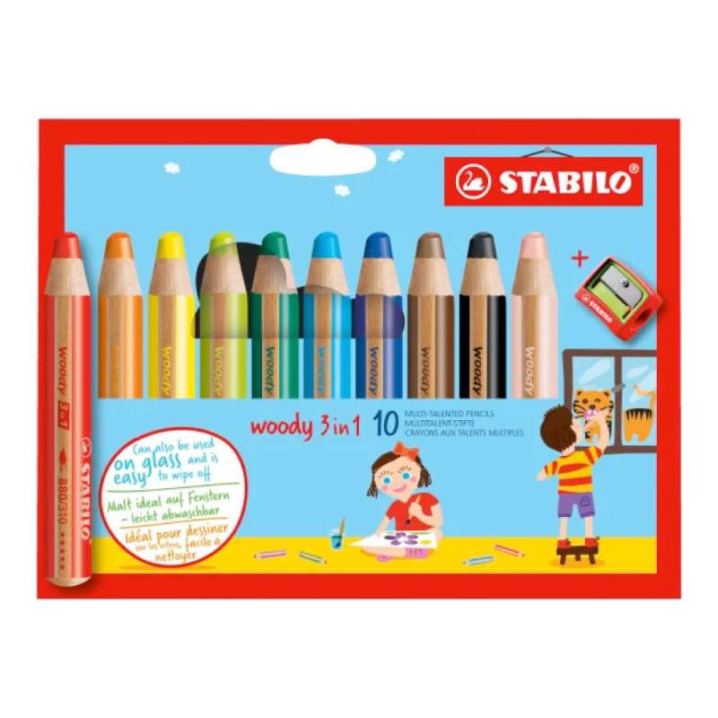STABILO Buntstift, Wasserfarbe & Wachsmalkreide woody 3 in 1 10er Set + Spitzer