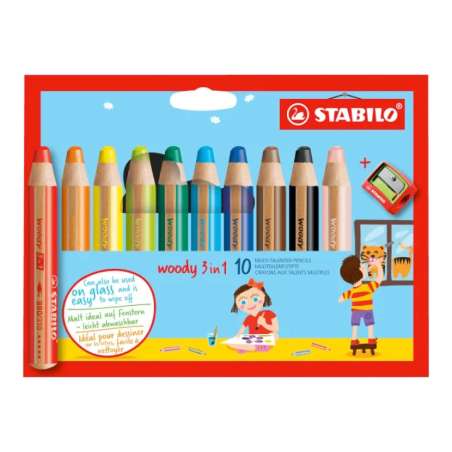 STABILO Buntstift, Wasserfarbe & Wachsmalkreide woody 3 in 1 10er Set + Spitzer
