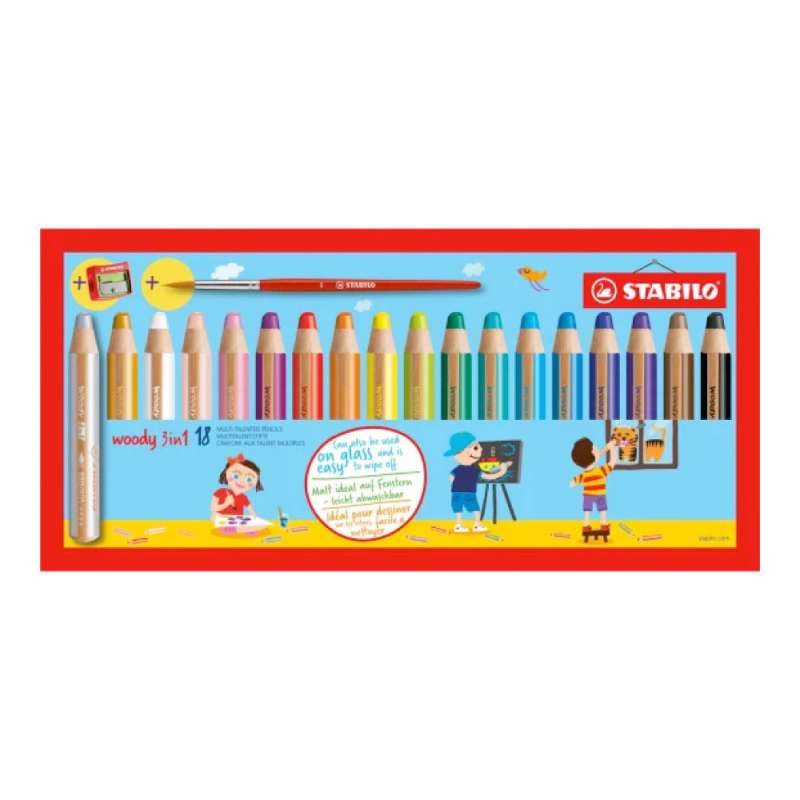 STABILO Buntstift, Wasserfarbe & Wachsmalkreide woody 3 in 1 18er Set + Spitzer + Pinsel
