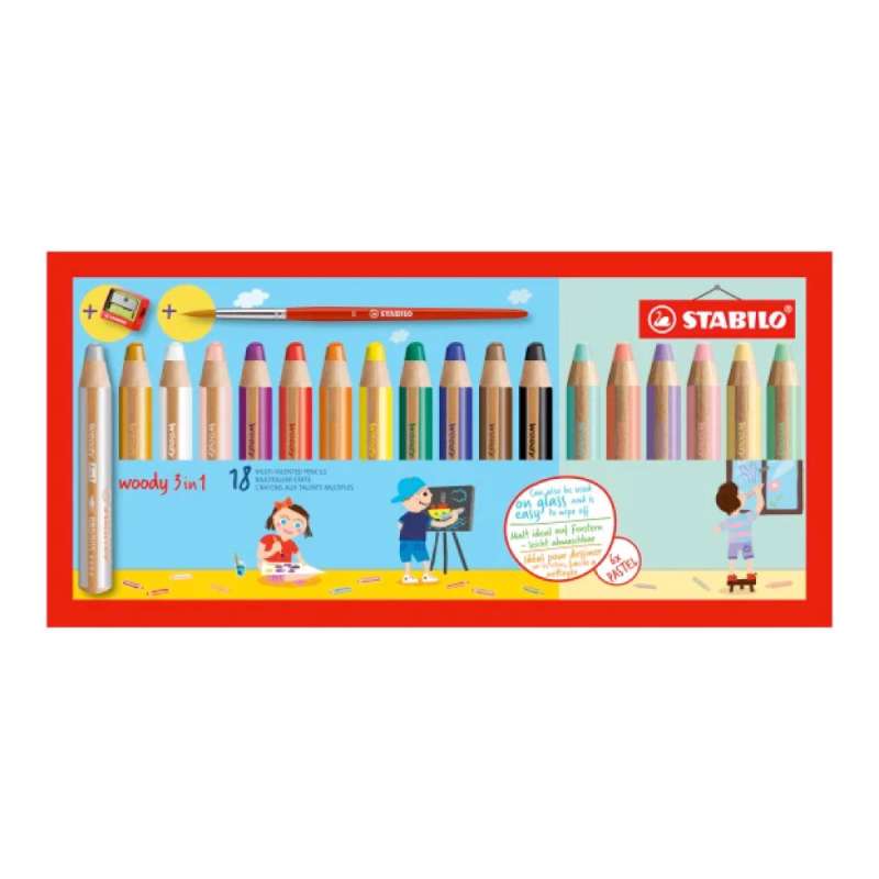 STABILO Buntstift, Wasserfarbe & Wachsmalkreide woody 3 in 1 18er Set Pastellfarben + Spitzer
