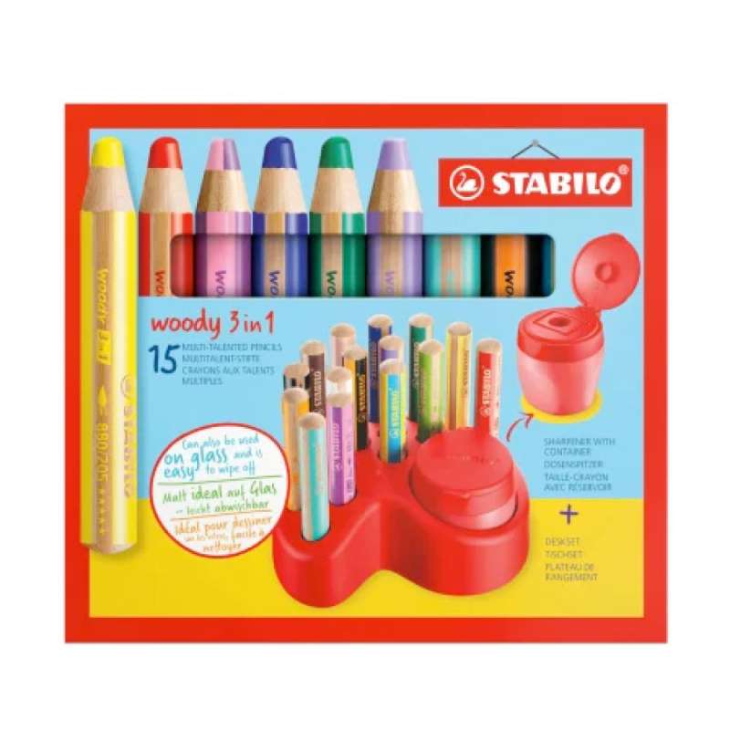 STABILO Buntstift, Wasserfarbe & Wachsmalkreide woody 3 in 1 Tischset + Spitzer