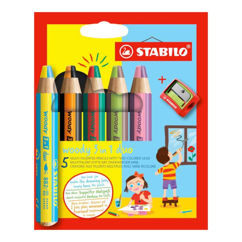 STABILO Buntstifte/Wachsmalstifte woody 3 in 1 duo 5er Set + Spitzer