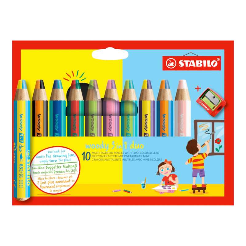 STABILO Buntstifte/Wachsmalstifte woody 3 in 1 duo 10er Set + Spitzer
