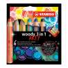 STABILO Buntstifte/Wachsmalstifte woody 3 in 1 ARTY 6er Set + Spitzer