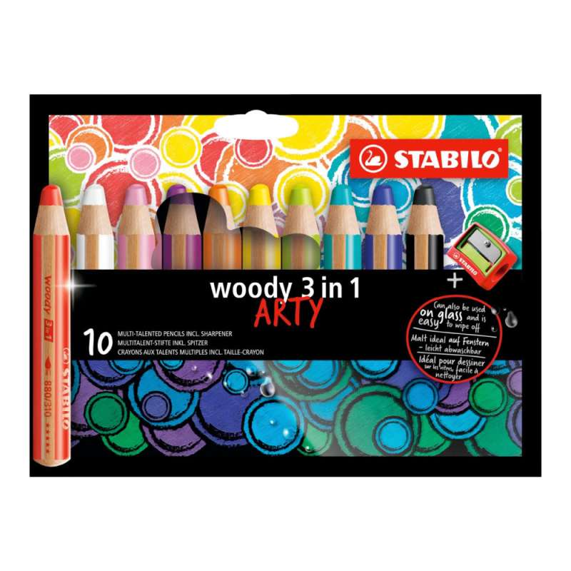 STABILO Buntstifte/Wachsmalstifte woody 3 in 1 ARTY 10er Set + Spitzer