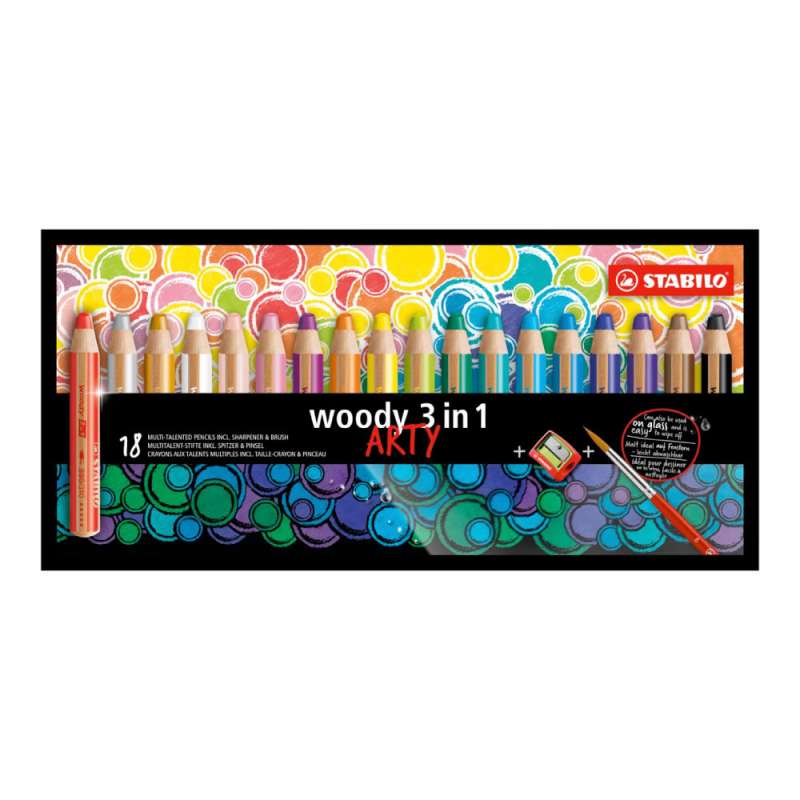 STABILO Buntstifte/Wachsmalstifte woody 3 in 1 ARTY 18er Set + Spitzer